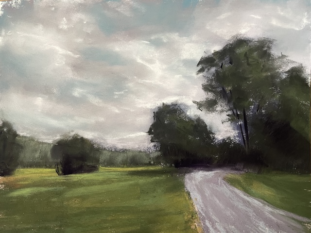 Green field with distant trees and a dramatic sky