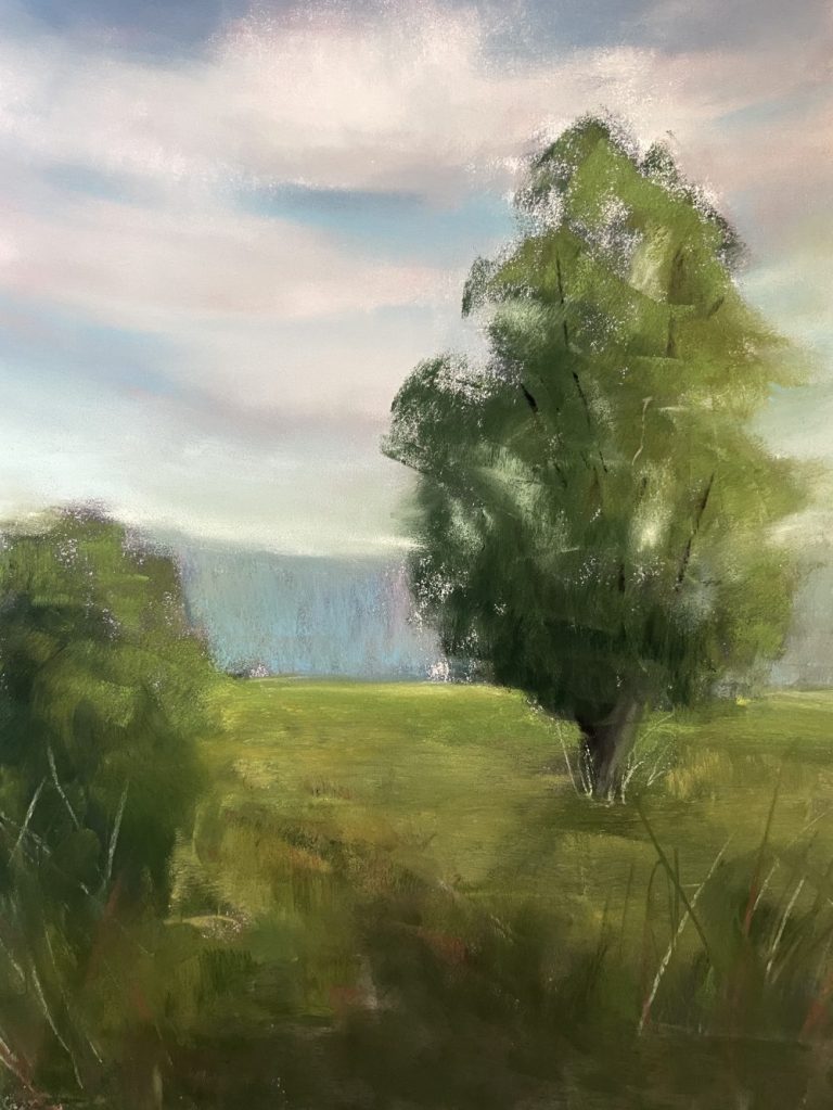 Soft pastel landscape painting of trees with distant hills